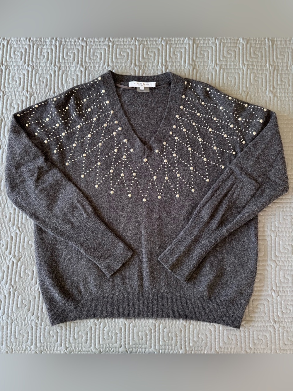 Gerard Darel Charcoal V-Neck Cashmere Sweater with Stud Embellishment